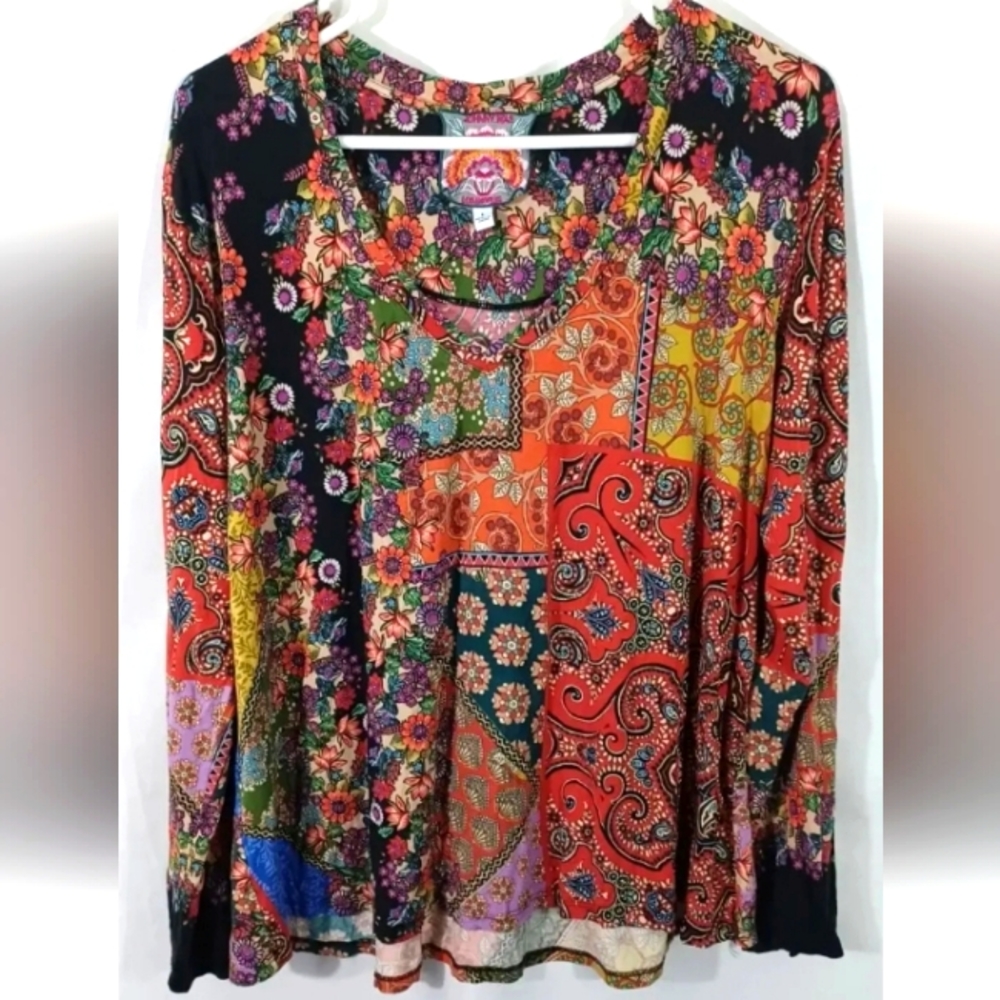 Johnny Was Moa Favorite Long Sleeve V Neck Colorful Floral Swing T Sz Large